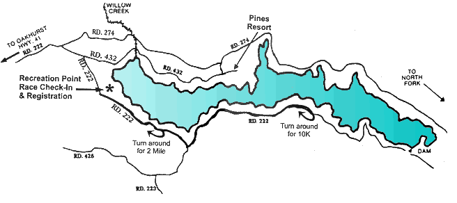 Map of Bass Lake showing location of Run / Walk